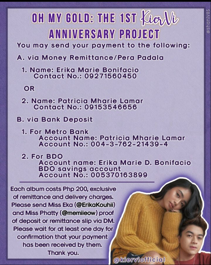 KierViOfficial's tweet photo. OMG: KierVi Anniv Project! 

📌 To order CD! Fill up the order form. 
https://t.co/rQY6IUivel 

📌For payments, you may send to @memiieow &amp; @ErikaKouhii - other details are listed below.

Thank you! 💜

@mor1019 #DyisIsItManila May Tama Ka by CK and Vivoree https://t.co/HTwakVNgSQ