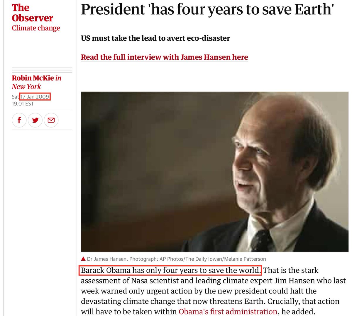 72. Although, Obama was only given 4 years to save Earth from climate change in 2009. https://www.theguardian.com/environment/2009/jan/18/jim-hansen-obama