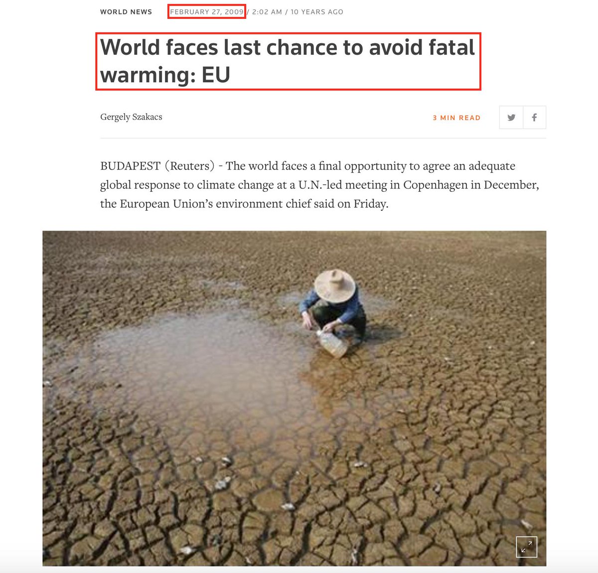 70. According to the EU, the world faced its last chance to avoid fatal warming in 2009. https://www.reuters.com/article/us-eu-climate/world-faces-last-chance-to-avoid-fatal-warming-eu-idUSTRE51Q22X20090227