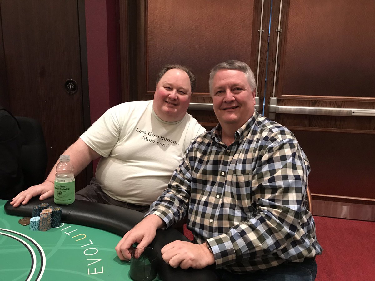 RobHouston31's tweet image. Never thought I would be able to say I played poker with a World Series of Poker Main Event champion, but it happened in Tulsa today at a #WSOP Seniors circuit event in Tulsa when Greg Raymer sat just to my right. #Fossilman is a very nice guy.