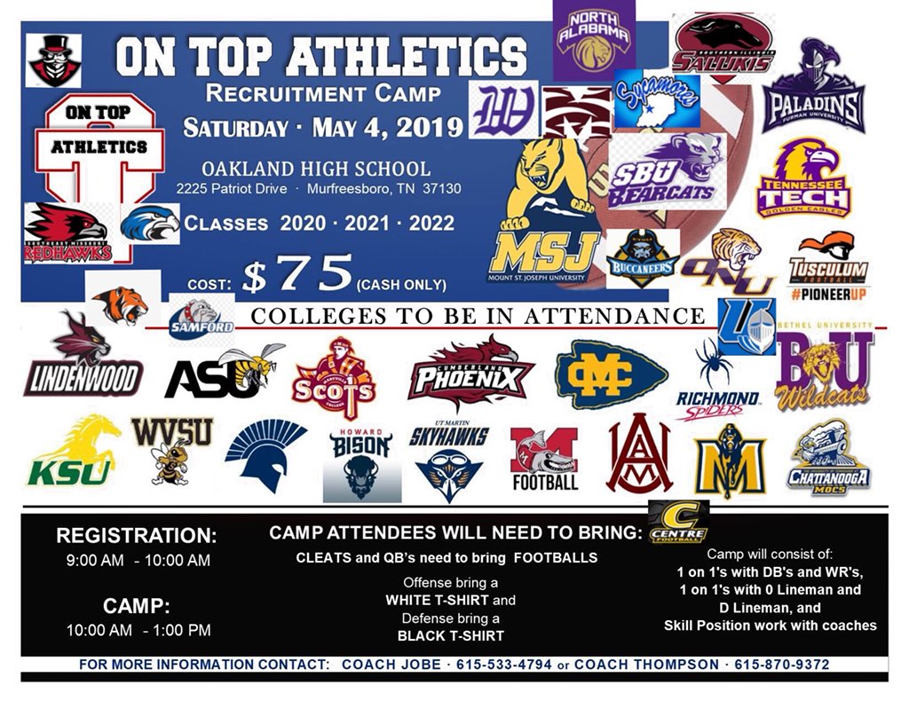 OnTopAthletics's tweet photo. Start your summer off right! One of the biggest and best camps in TN #OneWayOTA #STHUAW @RN_JK808 @d1highlights @thompsmd23 @MISTA_10 @coachcraw4d @Jcrouch17 @CoachMikeWelch @bestXthatXists @TyusJobe @ColtonDowell2 @coggins_ray https://t.co/jCz9sAXRzN