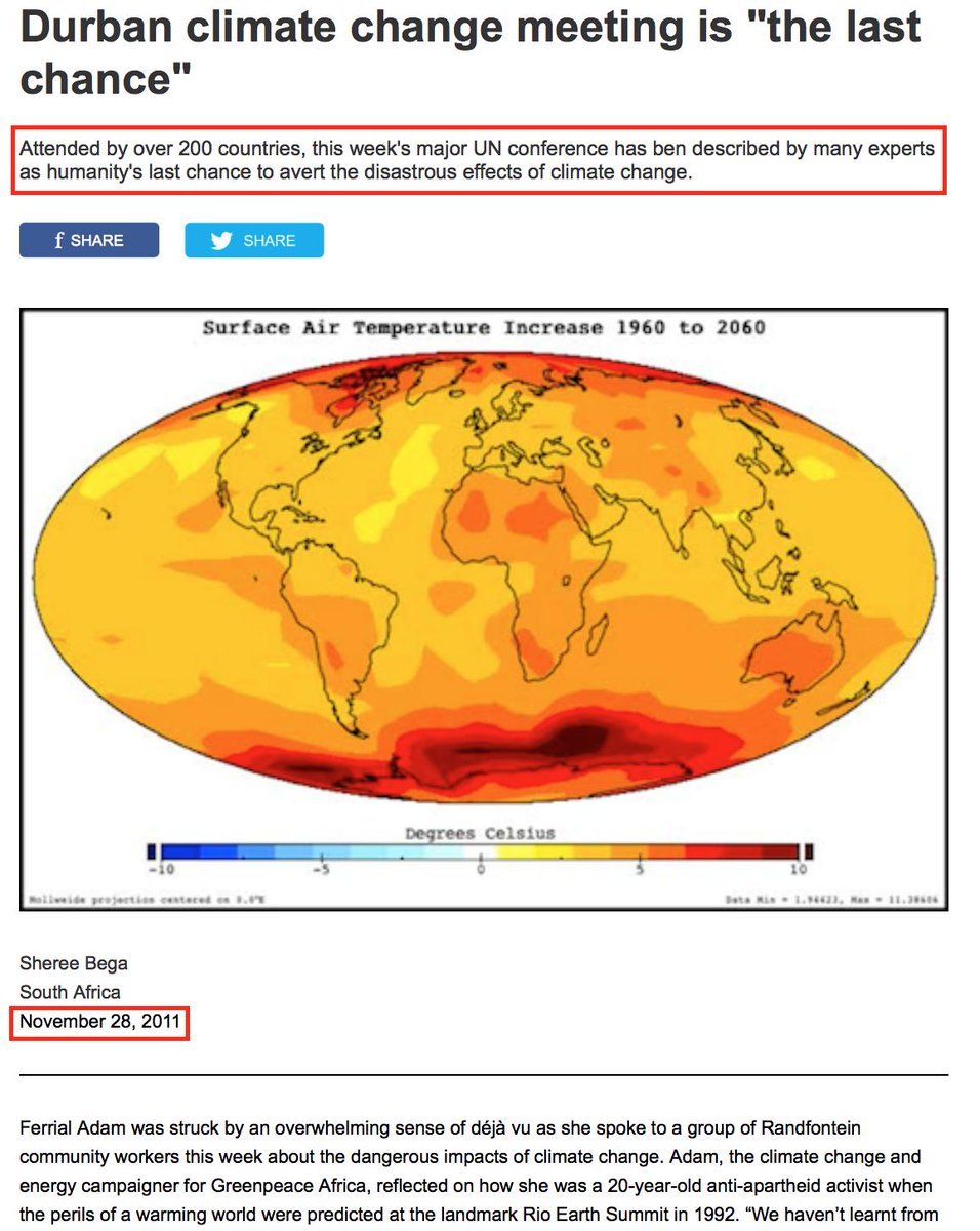 75. Climate scientists & the media said the United Nation's Durban climate summit in 2011 was humanity's last chance to avert the disastrous effects of climate change. https://www.ucanews.com/news/durban-climate-change-meeting-is-the-last-chance/36323