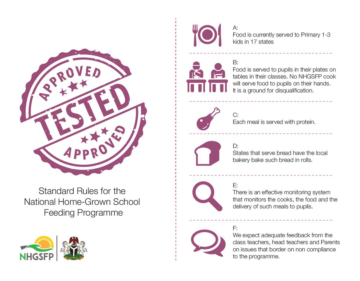 NHGSFP's tweet photo. Good morning,
These are the standard rules that guide the Nigerian Home-Grown School Feeding Programme.
#NHGSFP
#TrackWithUs https://t.co/7aeyS8SJE2