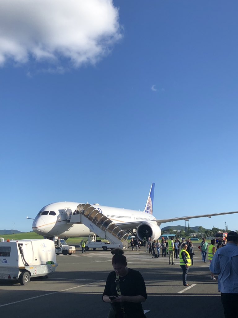 So thankful for a SAFE emergency landing in New Caledonia from Melbourne. Smoke in the cockpit. Waiting for next steps <a href="/united/">United Airlines</a> #UA99