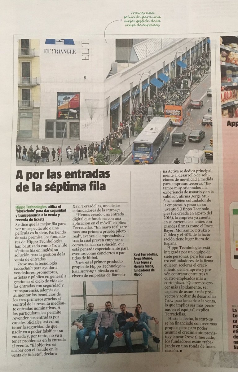 SevenRowTickets's tweet photo. Ayer hablaban de nosotros en @LaVanguardia, sobre cómo vamos a mejorar la experiencia del #ticketing para usuarios, promotores y artistas gracias a nuestra solución basada en #blockchain sobre @Alastria_ #startup #passion #dream #entrepreneur #team https://t.co/zcwQae8suo