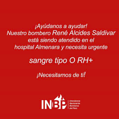 Villanadeapie's tweet photo. #SOS #AYUDA #AlertaBomberos | Se necesitan donantes de sangre O RH + para ayudar René Alcides, bombero herido en el incendio de #VillaElSalvador. 
¡Difundir!
Vía @bomberosPE https://t.co/NMAVF74SVw