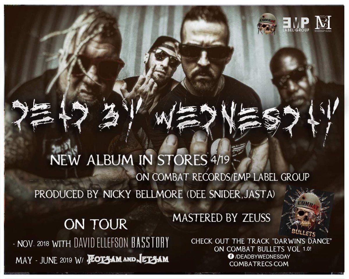 OpusTheDopest's tweet photo. You mutha fucka’s ready? New @DEADBYWEDNESDAY #selftitled album dropping Fri., April 19th on @combatrecs! Don’t sleep on this! #DBW2019 #Metal #newalbum #NewMusic #EMPire #TeamEllefson #RandallAmps #VicFirth #SITstrings #WashburnGuitars #TrinityCymbals #MassDestructionClothing https://t.co/rLn2M3sRZw