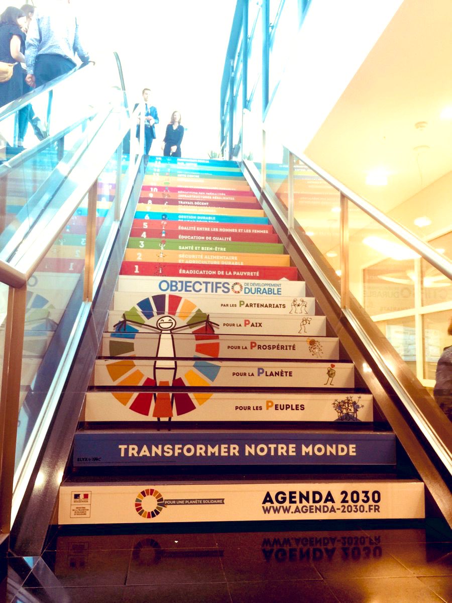 SDG2030's tweet photo. #SDGsStairs
1-No Poverty
2-No Hunger
3-Health
4-Education
5-Gender Equality
6-Water&amp; sanitation
7-Clean energy
8-Economies
9-Innovation
10-Reduced inequality
11-Cities
12-Reduce Consumption
13-Climate
14-Ocean
15-Biodiversity
16-Peace
17-Partnerships 
@franceonu 
@Min_Ecologie https://t.co/dbZkWuIVyV
