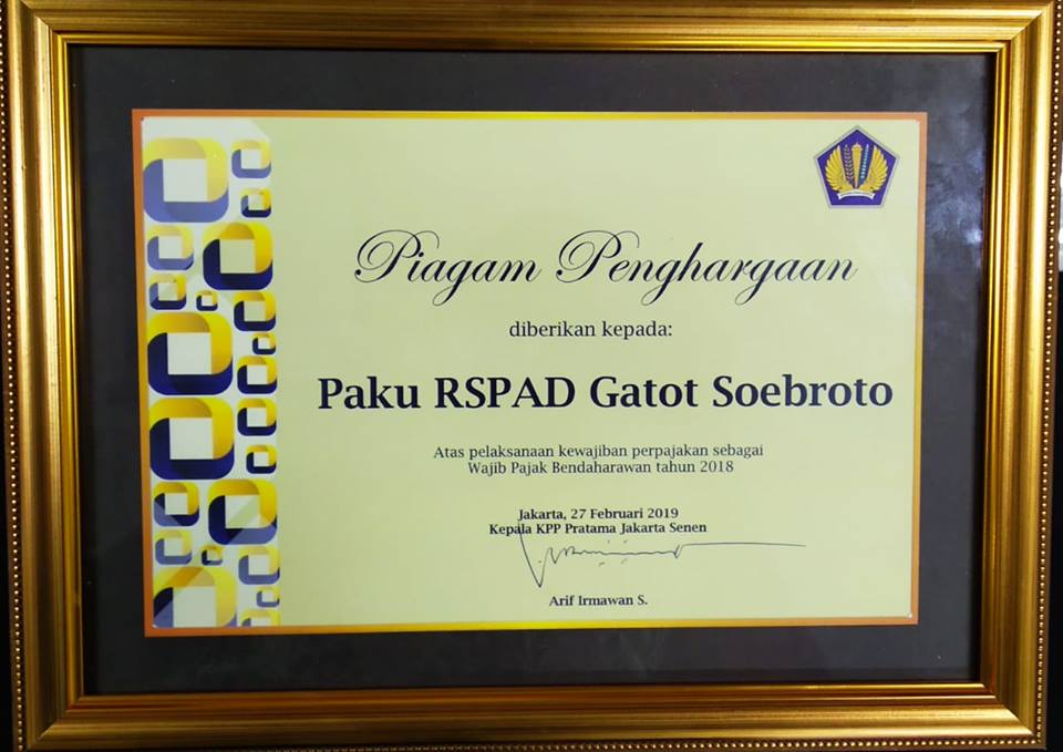 RS Kepresidenan RSPAD Gatot Soebroto mendapat penghargaan atas pelaksanaan kewajiban perpajakan sebagai wajib pajak bendaharawan tahun 2018.