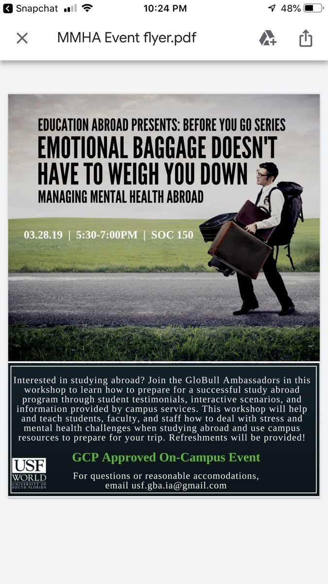 Hey bulls! If you're committed to or interested in a study abroad through the Fulbright program, come to this event for more information!

Also, join us Thursday to learn about managing mental health while abroad. This applies to everyone, so please considering coming!!