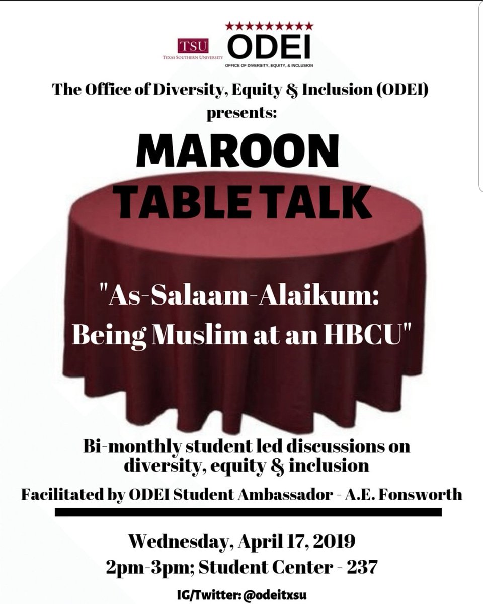 OdeiTxsu's tweet photo. Our new Student-Led series on diversity, equity &amp; inclusion topics that affect you as a Tiger at TSU! Come out for more personal setting! After this 1st session. Let us know topics that you would like 2 see at #maroontabletalk #TxSU #txsu22 #txsu21 #txsu20 #txsu19 #txsu18 #txsu23 https://t.co/SEl7R6qEwK