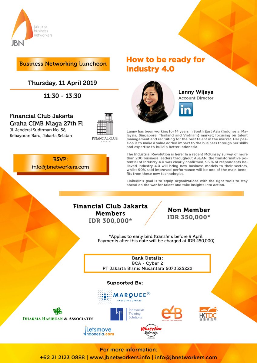 JBNetworkers's tweet photo. Hi Networkers! Jakarta Business Networkers back again this month with Lanny Wijaya from LinkedIn Indonesia, who will give the insights upon industrial revolution 4.0 and how to get ready for it!

Curious how to develop your business in this era? 
http:/bit.ly/2mfMeKR or DM me :) https://t.co/yGuphV7mvi