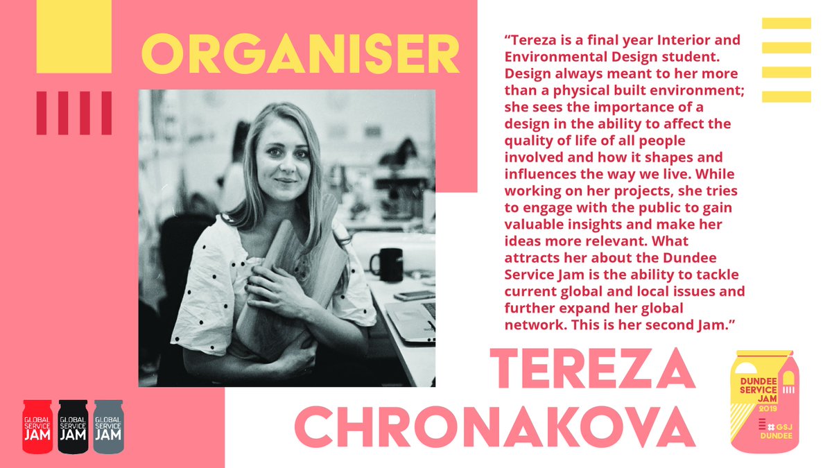 Tereza <a href="/Tereza_Chronak/">Tereza Chroňáková</a> is a final year student at <a href="/DJCAD/">DJCAD, UoD</a> and this is her second time jamming. She joined in 2017 helping to make Dundee the biggest jam worldwide that year. Join our jam and be part of something local and global #GSJam #GSJDundee dundeeservicejam2019.eventbrite.com