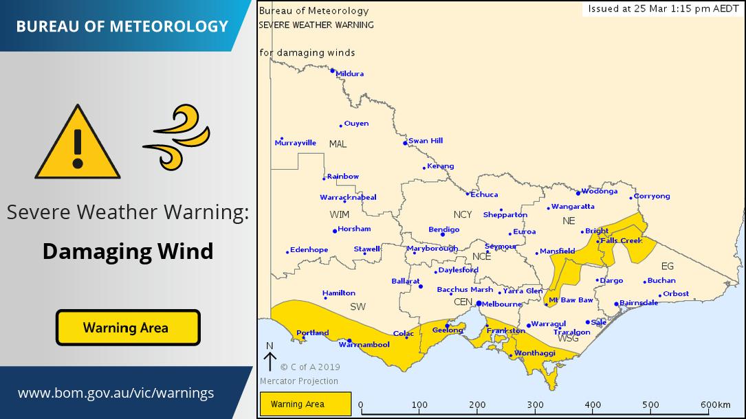 ⚠️SEVERE WEATHER WARNING for damaging winds has been updated and extended north into the southern metropolitan area and over #Geelong. Wind gusts to 100 km/hr possible especially near showers. Details: ow.ly/Z97K50o4q0G