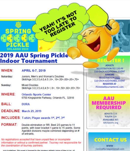 pickleball_fl's tweet photo. Hurry, registration ends March 29! Be part of this premier INDOOR pickleball event. AAU Spring Pickle tournament April 6-7. Find out more and register at pickleballtournaments or https://t.co/GvwkdSlN6F https://t.co/gJS0yU9vta