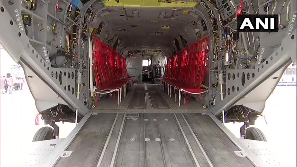 ANI's tweet photo. Visuals of Chinook heavy-lift helicopter at Air Force Station 12 Wing, in Chandigarh. Indian Air Force to induct the first unit of four Chinook helicopters today. https://t.co/folqFBr411