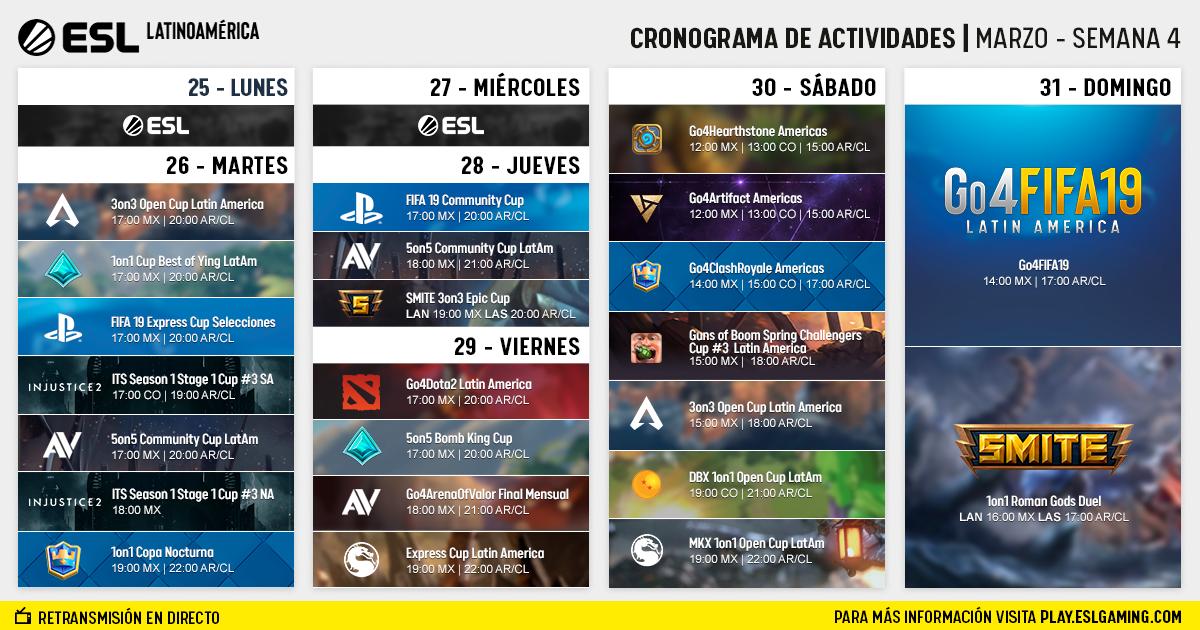 ESLlatam's tweet photo. ¿Listos para el cronograma semanal?
🐊🐊
🇲 #ApexLegends #Paladins #FIFA19 #AoV #CR #ITS
🇽 🐊
🇯 #FIFA19 #AoV #Smite
🇻 #Go4Dota2 #Paladins #Go4AoV #MKX
🇸 #Go4HS #Go4Artifact #Go4CR #Gob #ApexLegends #PSN
🇩 #FIFA19 #Smite https://t.co/6P1NkCeowV