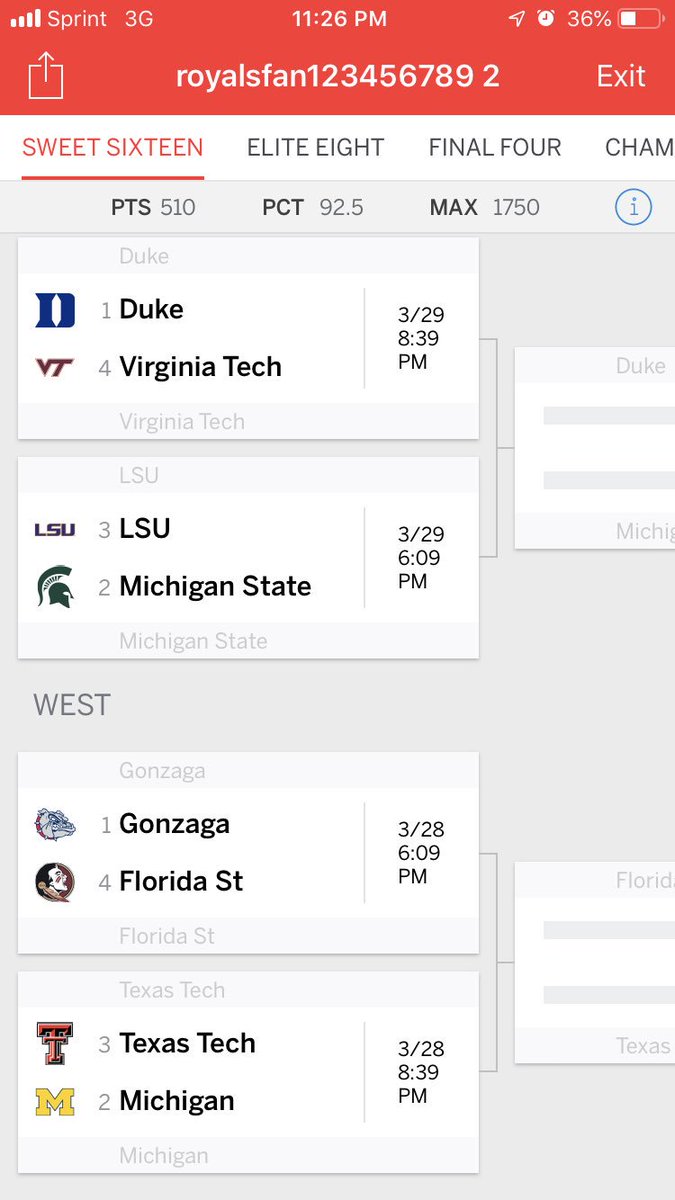 SmrtStool's tweet image. This is my second bracket.. original has Duke winning it all. Big tournament updates coming this Wednesday! #BaseballSZN #AlwaysRoyal