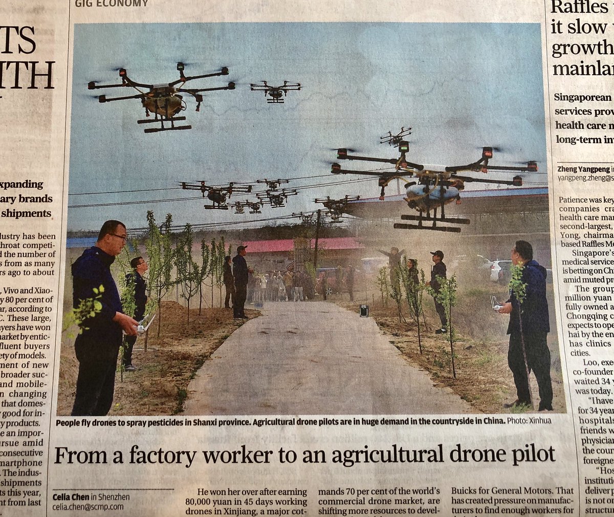 Today’s front page of the South China Post resonates with Michael McQueen’s keynote address to #IBHK2019 . From farmers to drone pilots!