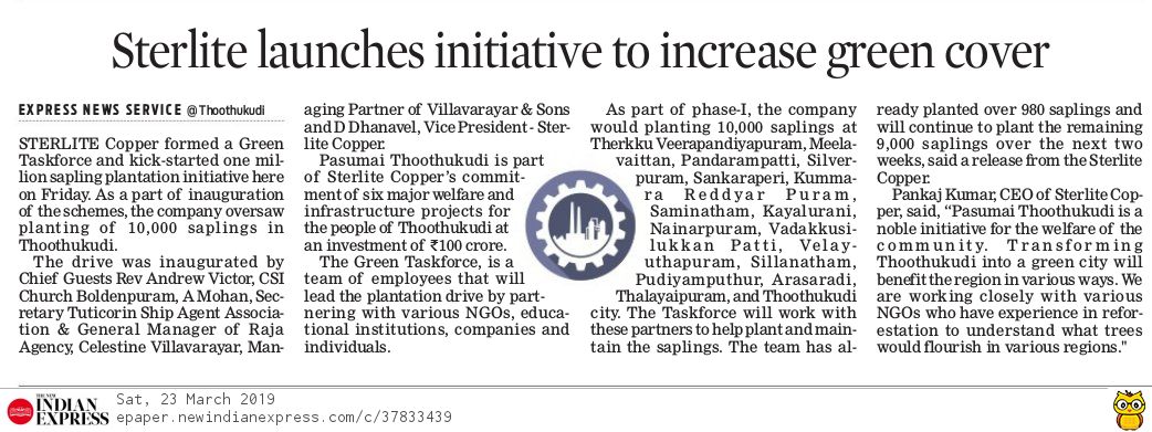 sterlite_copper's tweet photo. We launched #PasumaiThoothukudi and kick started the 1 million tree plantation drive with the planting of 10000 trees in Thoothukudi. “Every One, Plant One” is the motto of the initiative encouraging every single person in Thoothukudi to plant and nurture at least one tree. https://t.co/PCWbCLVLib