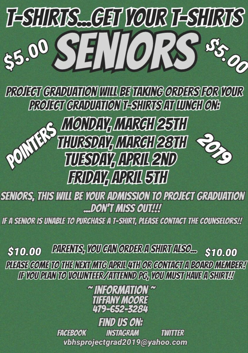 2019Vbhs's tweet image. Hey Seniors and Parents...Upcoming!!! 
Rib Fundraiser starts tomorrow...Be on the lookout!! Project Graduation T-shirt orders start tomorrow!! 💚🐾🎓🐾💚
