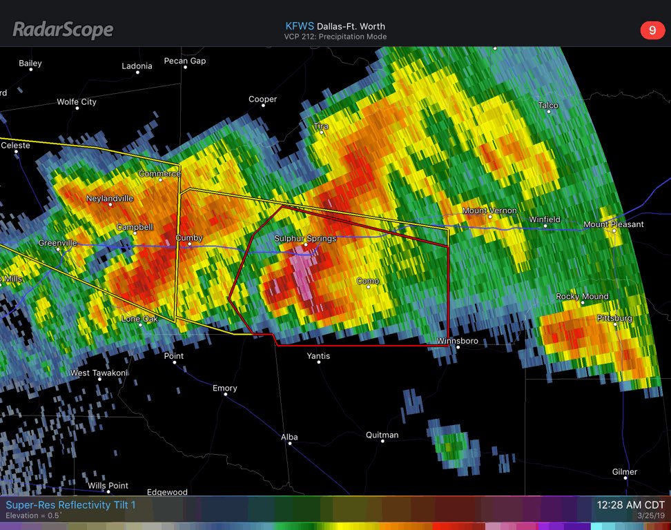 12:30am - Very dangerous storm continues in Hopkins Country. Seek shelter now!