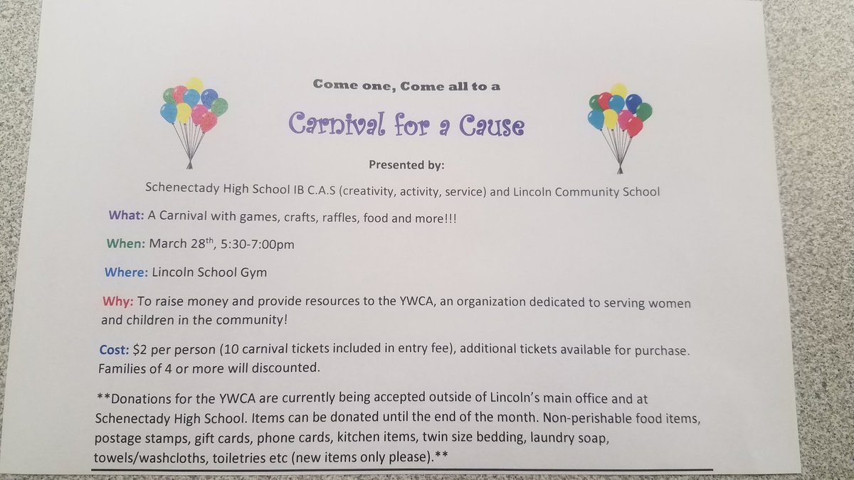 Come out this Thursday to Carnival for a Cause!!  SHS IB students are hosting this Carnival at Lincoln to raise funds for the YWCA!  #community