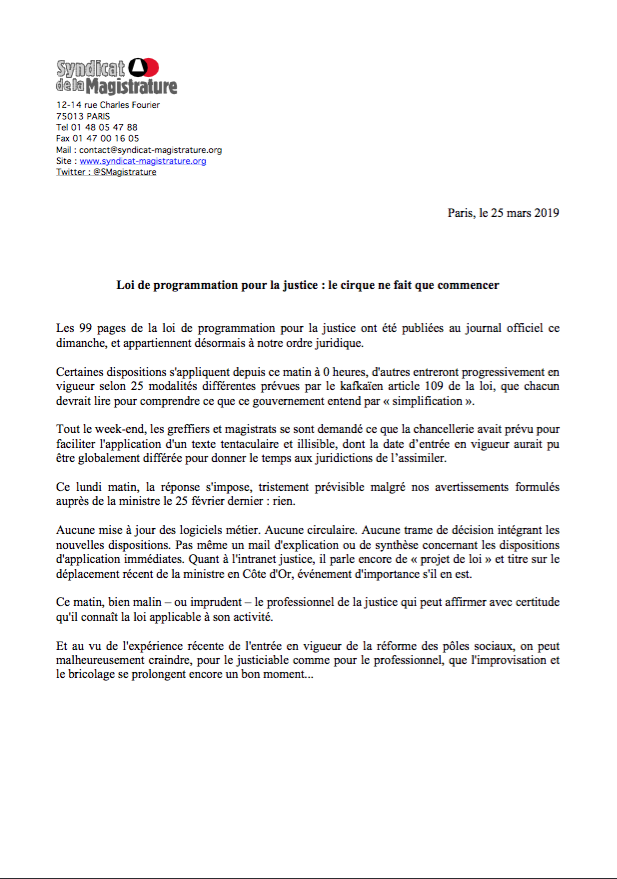 SMagistrature's tweet photo. Notre communiqué de presse au sujet de l'entrée en vigueur de la loi de programmation et de réforme pour la justice : 
"Loi de programmation pour la justice : le cirque ne fait que commencer"
https://t.co/0znudGab3T https://t.co/qWapBySanZ