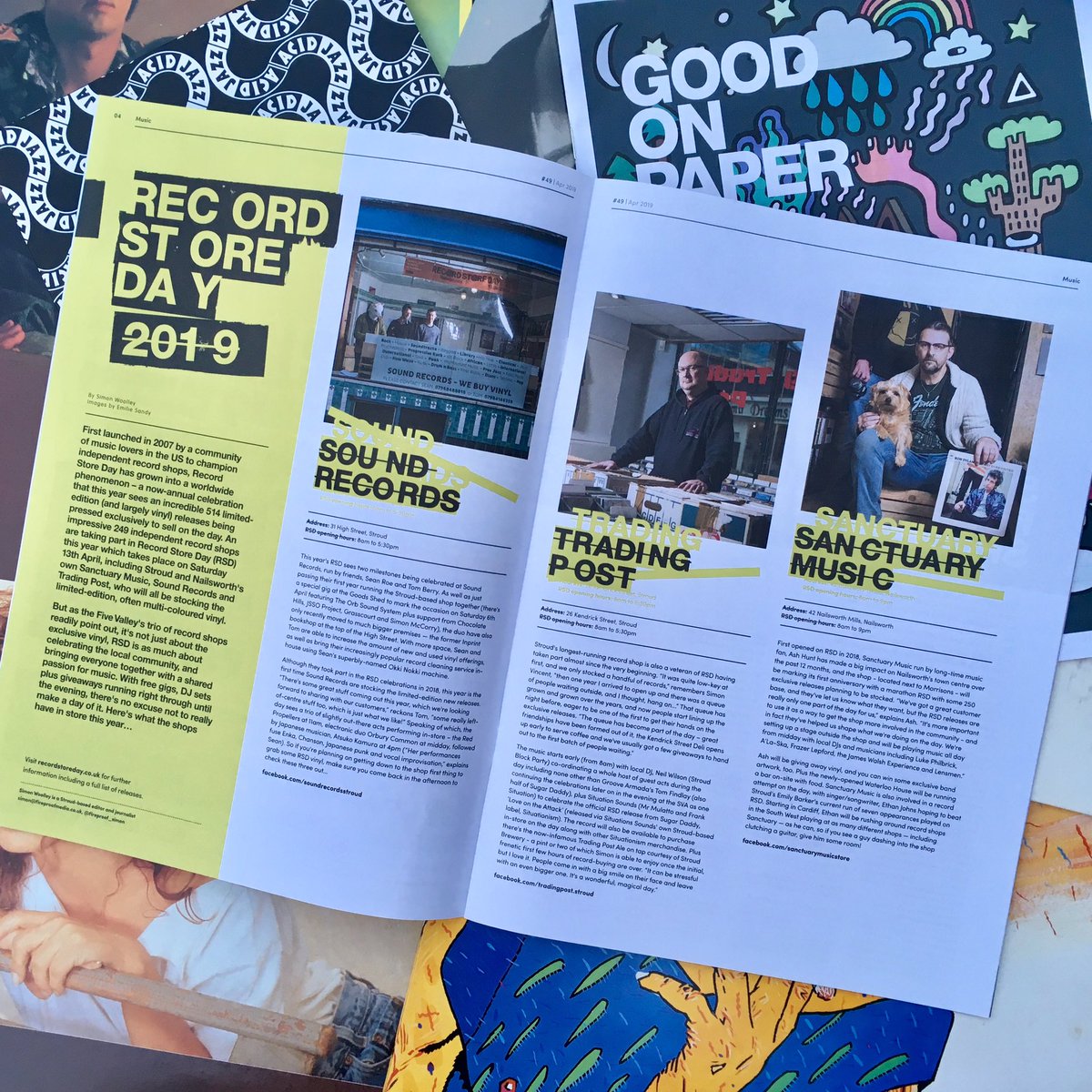 simon_woolley's tweet photo. New work in the April issue of @goodonpaper_  on this year’s @RSDUK feat @sanctuarymusic2 @soundstroud and @tradingpostrecs So impressive that Stroud and Nailsworth now have three great record shops. Grab your copy of from all good shops in the Five Valleys #recordstoreday2019 https://t.co/rNBWRy4WKI