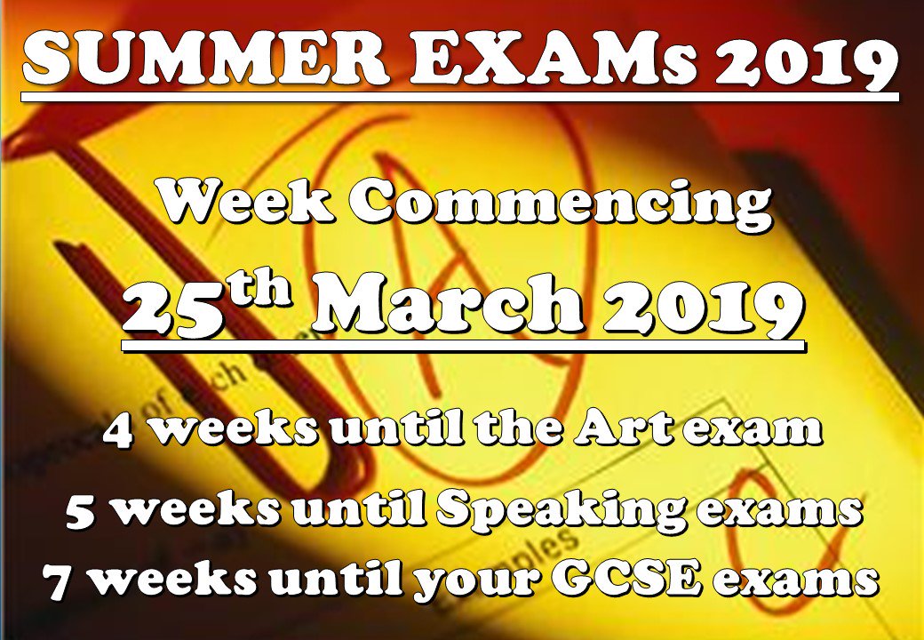 Shavington_Ac's tweet photo. Week commencing 25th March there are only 4 weeks until the Art GCSE exam, 5 weeks until your @shavingtonmfl Speaking exams and 7 weeks until the main bulk of your exams begin #weekstogo #preparation #EasterRevision #successin30 #exams2019 #yougotthis https://t.co/Tl3e2el11g