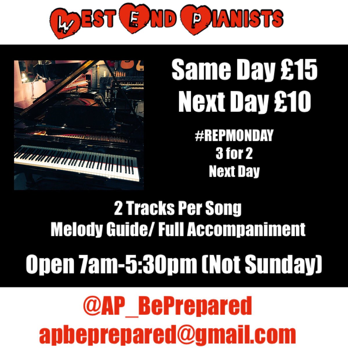 AP_BePrepared's tweet photo. 3 Songs for the price of 2! 6 TRACKS IN TOTAL #Notebash #FullAccompaniment Β£20 #WestEnd #Pianists SPREAD THE WORD ππ€πΉπ π #RT https://t.co/rjFWuyF7pq