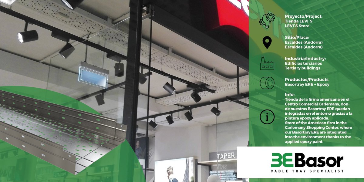 BasorElectric's tweet photo. We love to start the day with our #ProjectOftheWeek! And this time we go to the #LEVIS store of the Carlemany Shopping Center in #Andorra 🇦🇩, where they installed #BASORTRAY #ERE painted in white epoxy, making it fully integrated into the environment 🙌 https://t.co/tAS1kt1fNa