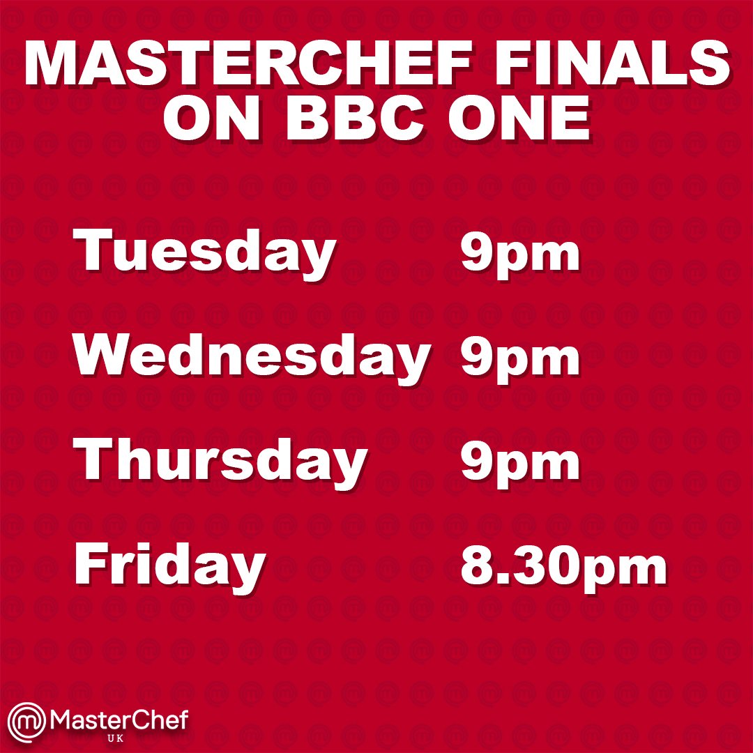 MasterChefUK's tweet photo. Can you believe it's the #MasterChefUK finals already?! Here is the schedule for the week 👇 https://t.co/JiLUerQyXC