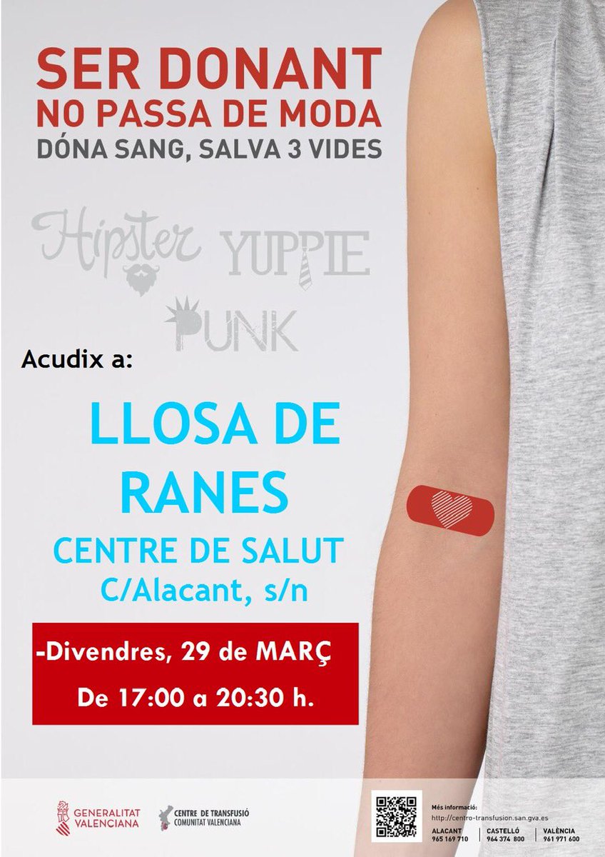 AjuntamentLlosa's tweet photo. Donació de sang 💉💉💉
📆 Divendres 29 de març
📌Centre de Salut                            
🕐 de 17:00 a 20:30 hores    

@GVAdonasang #dónasang #salva3vides https://t.co/Dg2tyUrqC2