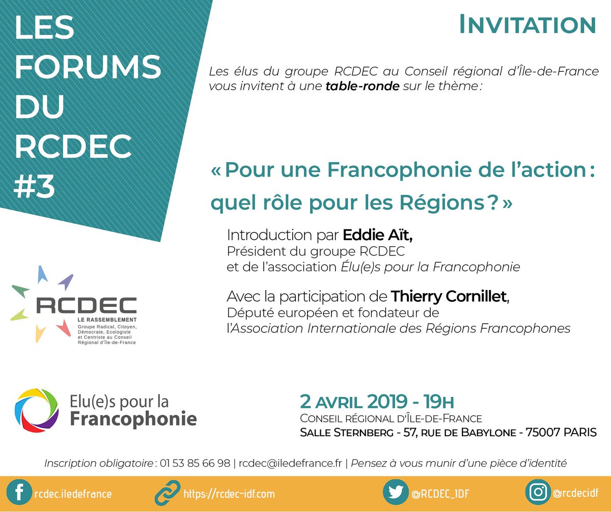 eco_pro_IDF's tweet photo. [#ForumRCDEC] RDV le 2 avril pour la table-ronde « Pour une #Francophonie de l’action: quel rôle pour les Régions?», avec @eddieait_of &amp; @TCornillet, fondateur de l’Association Internationale des Régions Francophones
📝Renseignements et inscriptions 
➡️https://t.co/0mhKovswHz https://t.co/U3gd31hnrn