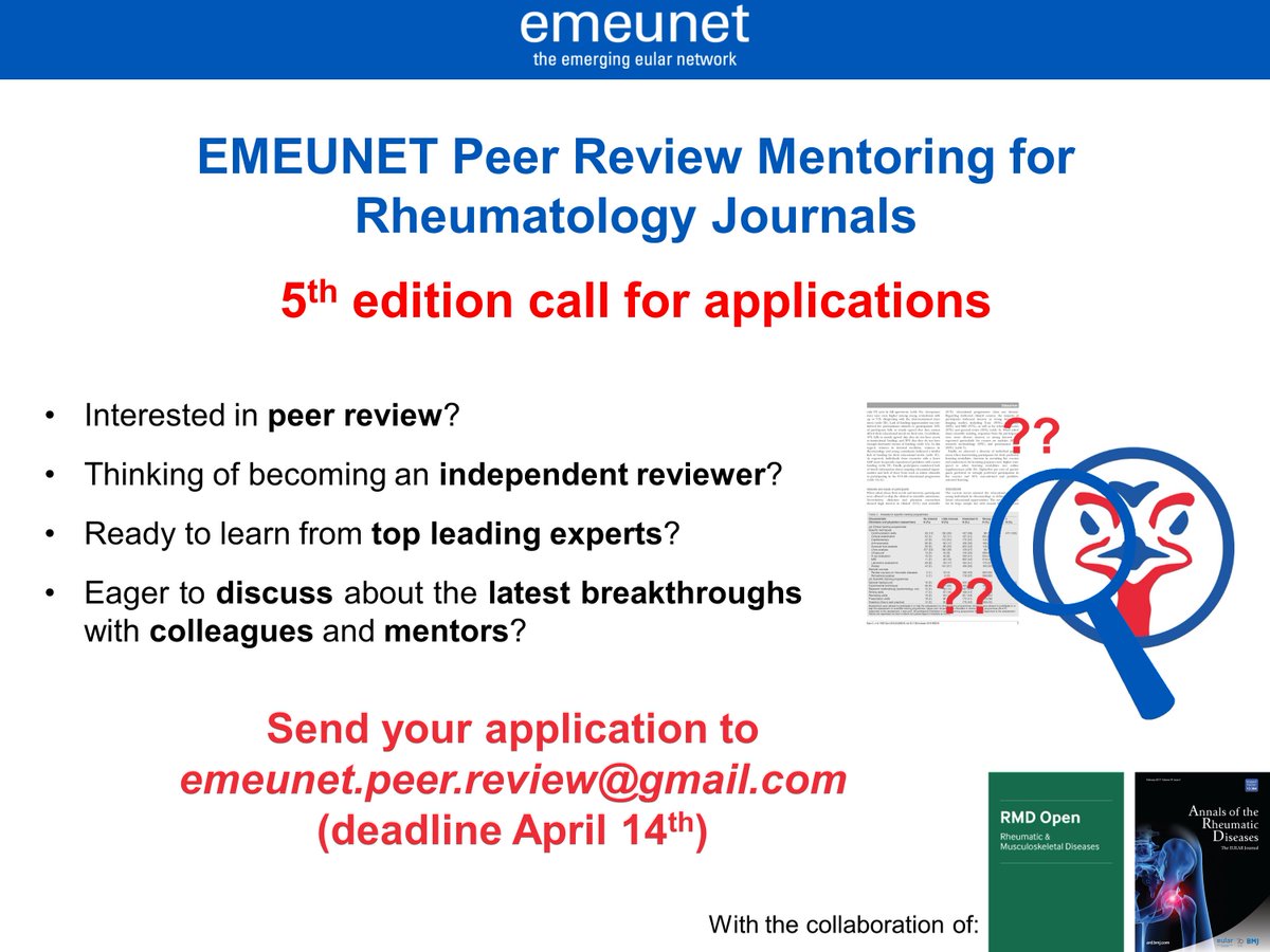 EMEUNET's tweet photo. Want to become and independent reviewer? Apply to the EMEUNET Peer Review Mentoring Program! A pioneer initiative from @EMEUNET with @ARD_BMJ and RMDOpen involved! #EMEUNETEdu 

https://t.co/maMxUtb792 https://t.co/6QIDfDlDRu
