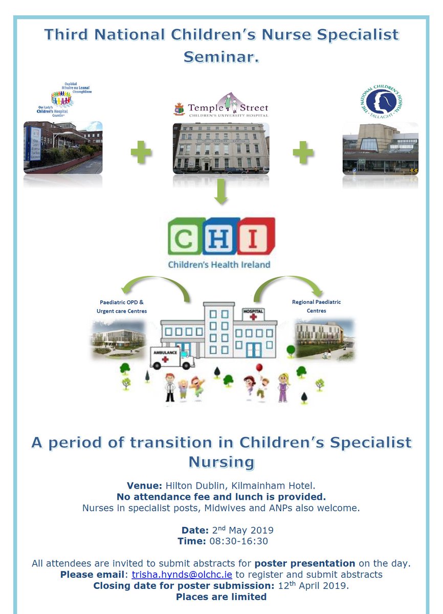 NMPDUCorkKerry's tweet photo. Third National Children's Nurse Specialist Seminar being held on 2nd May 2019 in Dublin. Nurses in specialist posts, Midwives and ANP's also welcome. No attendance fee. Please see attached flyer for details @NMPDUCorkKerry @CUH_Cork https://t.co/sWQclPtwWj