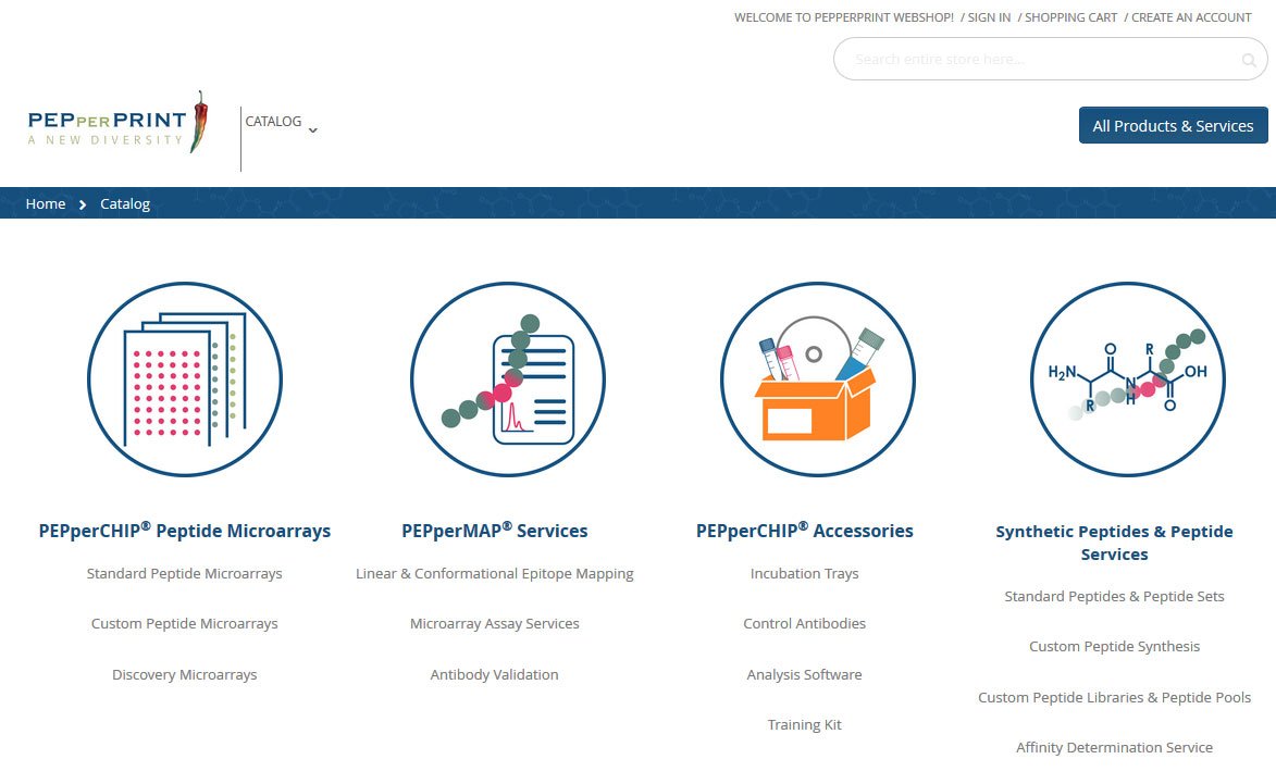 PEPperCHIP's tweet image. Ordering high-density PEPperCHIP® Peptide Microarrays and PEPperMAP® Services for #antibodyvalidation has never been easier! Check out our new webshop: shop.pepperprint.com/catalog.html
#pepperprint #epitopemapping #antibody #epitope #webshop #pepperchip #peppermap #peptidemicroarrays