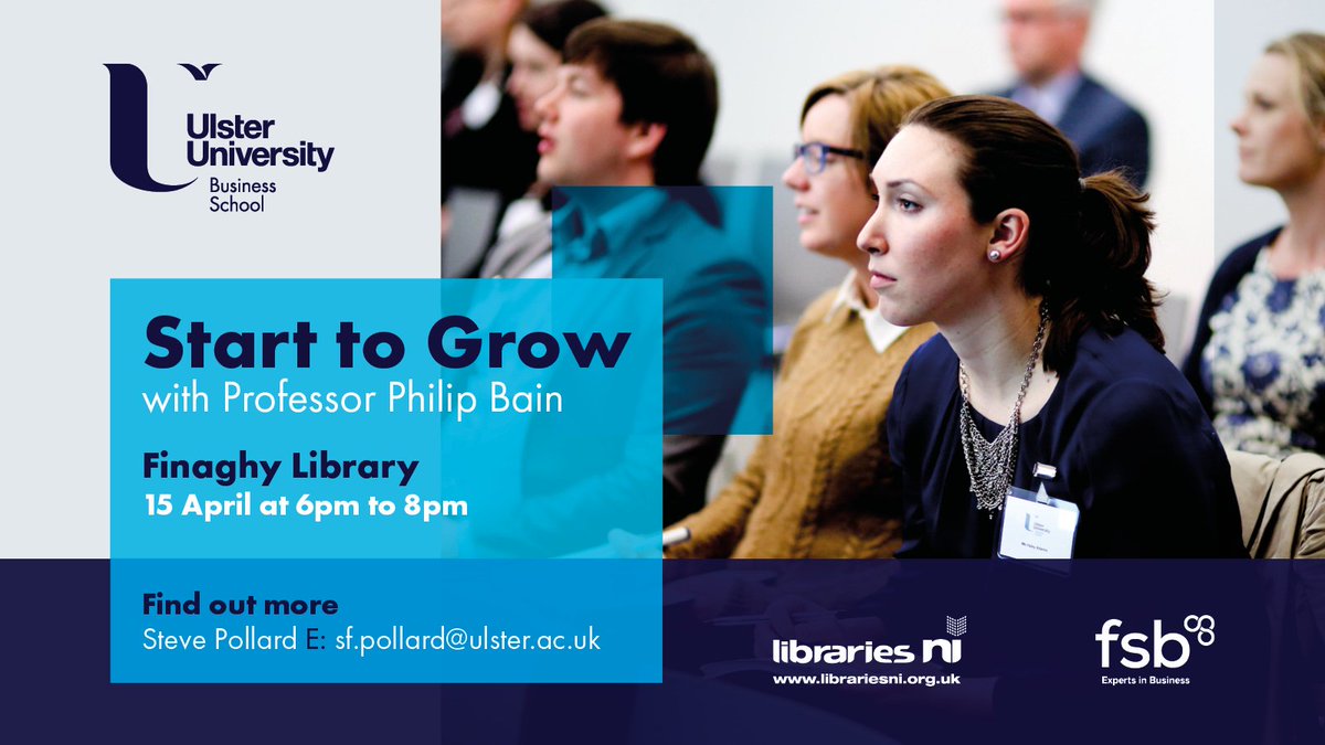 UUSUENTSOC's tweet photo. Thinking of starting your own business? Get down to this FREE Learn to grow event in Finaghy Library on 15th April! This two hour work shop will teach you how to survive as a start up whether you are already in business or just thinking about it, why not register today! https://t.co/XcDhSoXsFW
