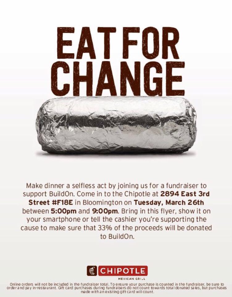 Chipotle night is TOMORROW!! Bring your friends and family to Chipotle so 33% of the proceeds will be donated to buildon!!!!