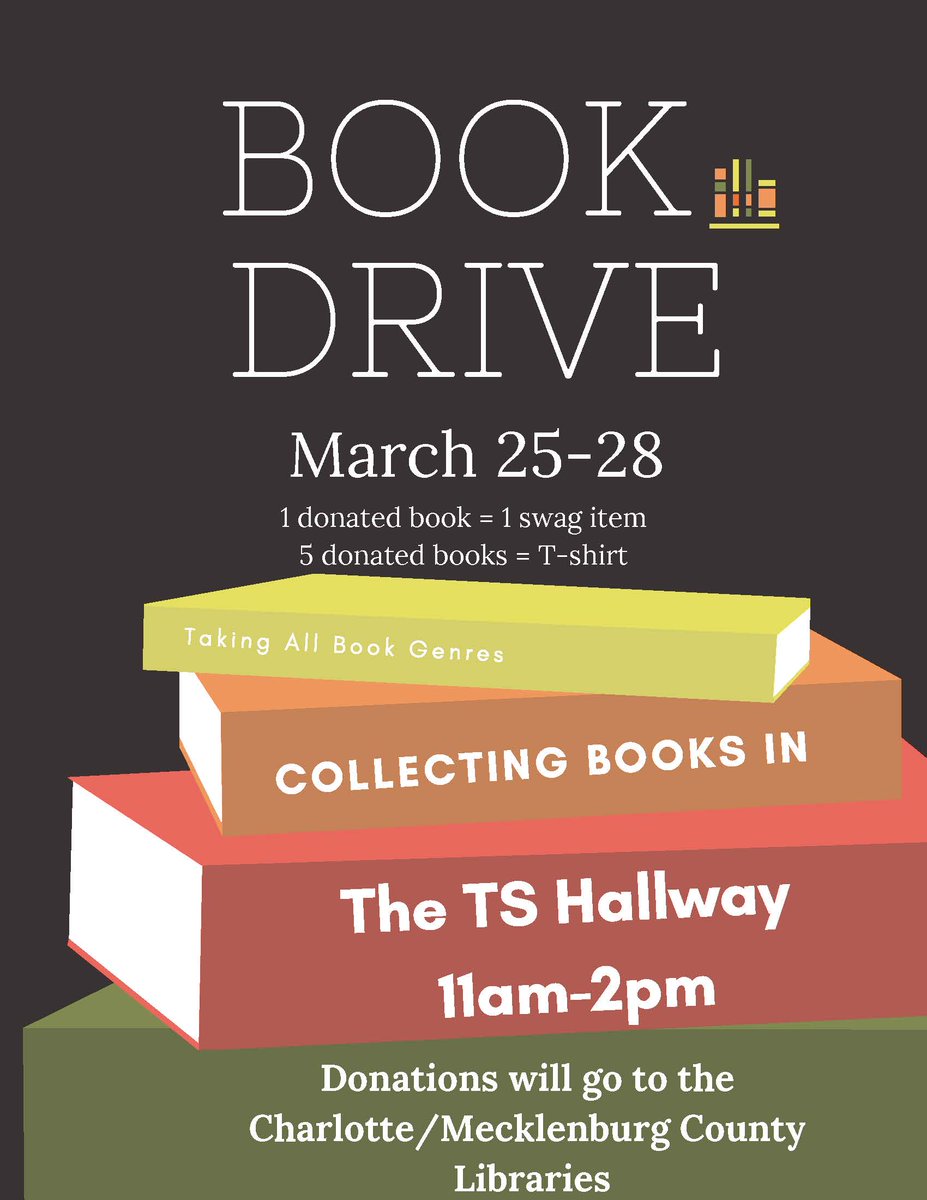 Have any books you don't read anymore? Well bring them to Merancas book drive in TS Hallway from 11am-2pm all this week. You will recieve a swag item for every book you donate. Donate five and you will get a SGA shirt. All donations will go to Charlotte/ Mecklenburg libraries.