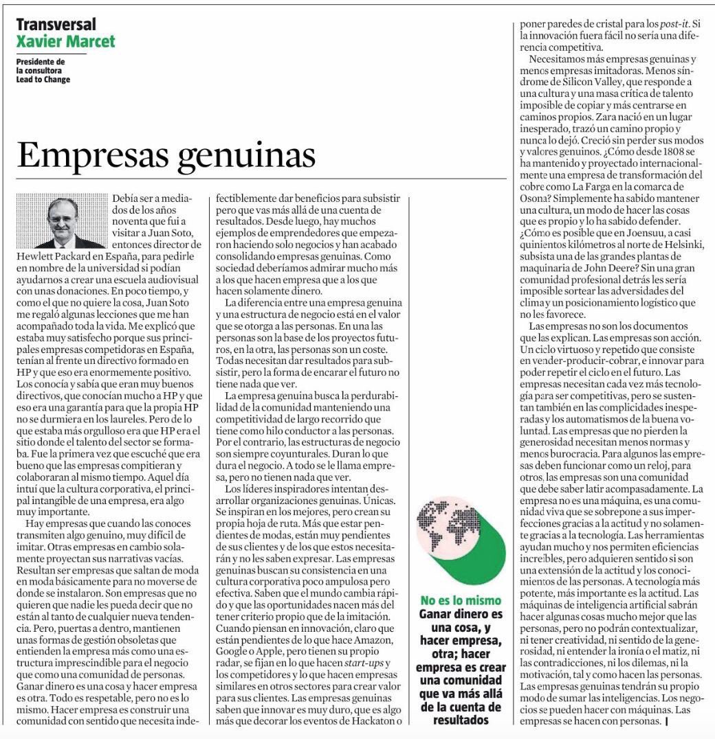 SusanaRdgz's tweet photo. “Los negocios se pueden hacer con máquinas. Las empresas se hacen con personas”. Recomiendo este artículo de @XavierMarcet sobre las empresas genuinas y los líderes inspiradores #contigo https://t.co/6YpQ5v1SGJ