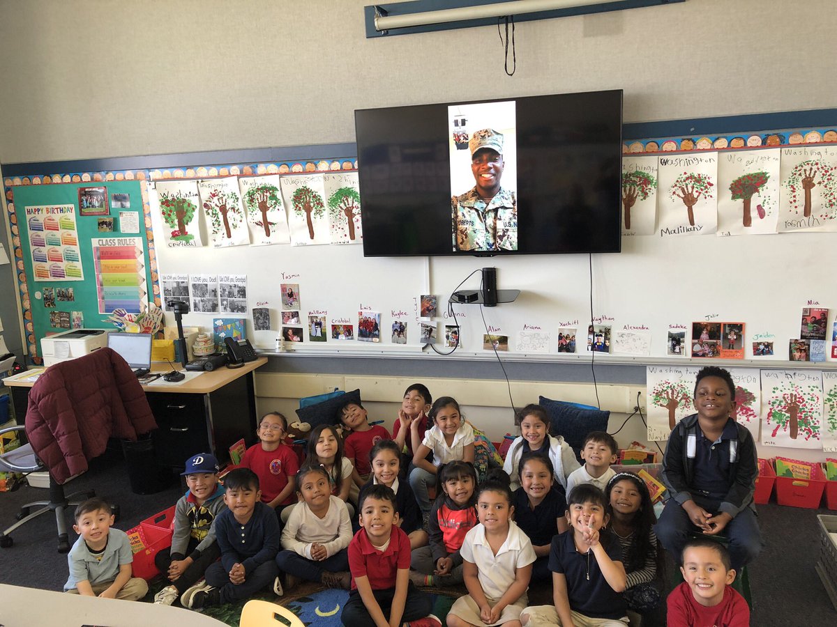 nmhardesty's tweet photo. A very special community Helper. We called one of our very own TK daddies. He’s currently deployed in Japan. Technology allowed us to hear about his job, ask questions &amp; take a group photo with him. #hesdpride https://t.co/NWs1tgZN9J