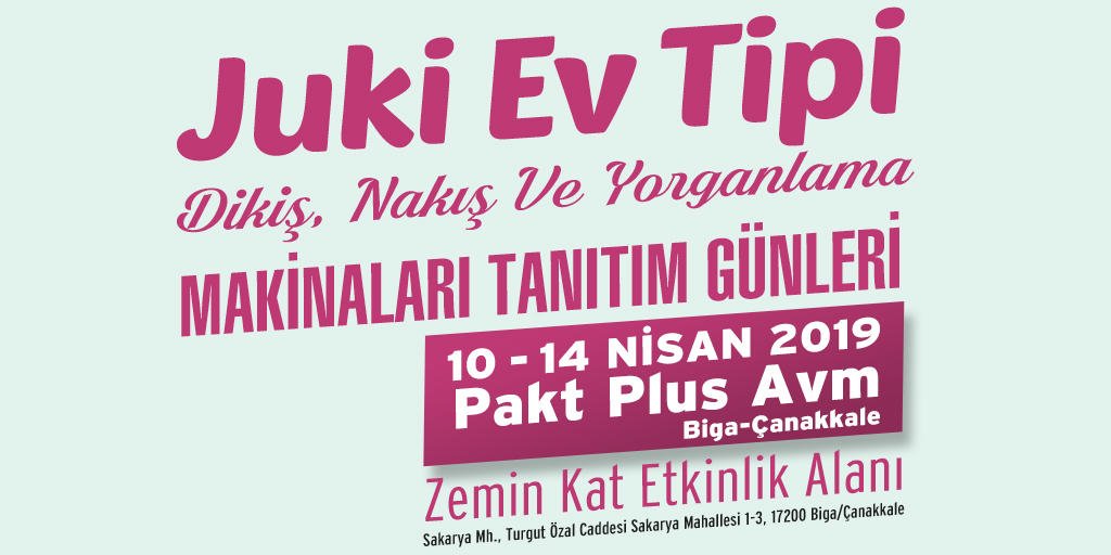 astasjuki's tweet photo. Juki Ev Tipi Dikiş, Nakış ve Yorganlama Makine Tanıtım Günlerine Davetlisiniz!
Tarih: 10 – 14 Nisan 2019
Yer: Pakt Plus Avm Biga – Çanakkale / Zemin Kat Etkinlik Alanı
#astasjuki #evtipi #teknolojivecozumlerdunyasi #tanıtımetkinlikleri #paktplus #paktplusavm https://t.co/FeyapPvQOn