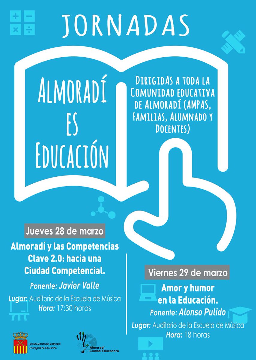 Susanamusica's tweet photo. Semana grande para la #Educación en #Almoradí: Jornadas #AlmoradíEsEducación con Javier Valle el jueves y Competencias Clave, y con @Ahumor Alonso Pulido el viernes para enamorarnos con su propuesta. Para docentes y familias que quieran acompañarnos, será un placer acogeros!! https://t.co/y8qU1urv8c