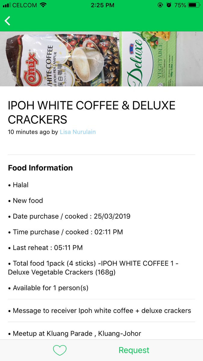 therylisa's tweet photo. Hye korang Petang ni lisa nak bagi Crackers Deluxe & Ipoh White Coffee percuma. Ye percuma je.tpi kena datang ambek la
Lokasi : Kluang Parade , Johor .
Caranya
1 Korang just download apss #ohfreefood (free je download tu tak kena bayar ) , cari IPOH WHITE COFFEE N klik Request https://t.co/Sp2yCPMsKP