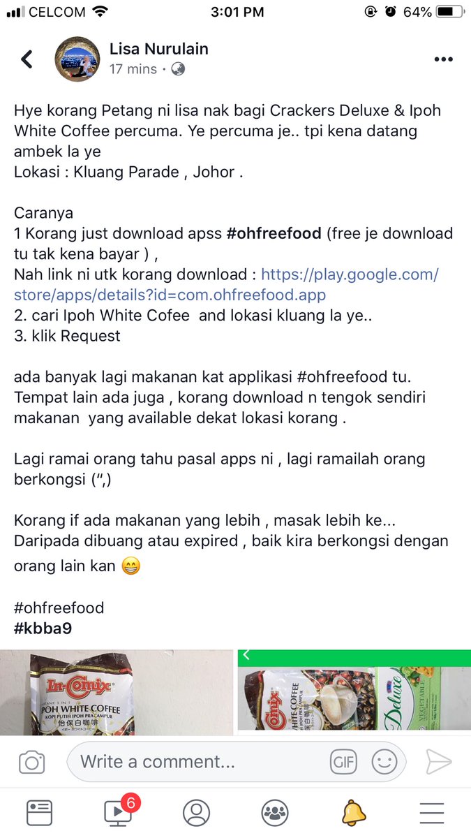 therylisa's tweet photo. Hye korang Petang ni lisa nak bagi Crackers Deluxe & Ipoh White Coffee percuma. Ye percuma je.tpi kena datang ambek la
Lokasi : Kluang Parade , Johor .
Caranya
1 Korang just download apss #ohfreefood (free je download tu tak kena bayar ) , cari IPOH WHITE COFFEE N klik Request https://t.co/Sp2yCPMsKP