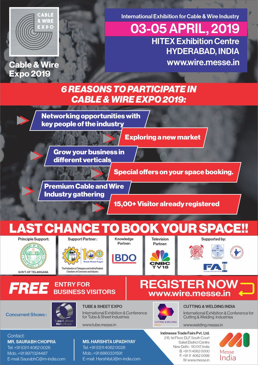WireExpo's tweet photo. Six Reasons Why You Should Participate in a Cable &amp; Wire Expo 2019 from 3rd - 5th April at HITEX Hyderabad
#exhibition #business #bookings #hyderabad #telangana #reasons #opportunity #cableandwireexpo2019 #registertoday #messeindia https://t.co/Bg3Nf8wGBb