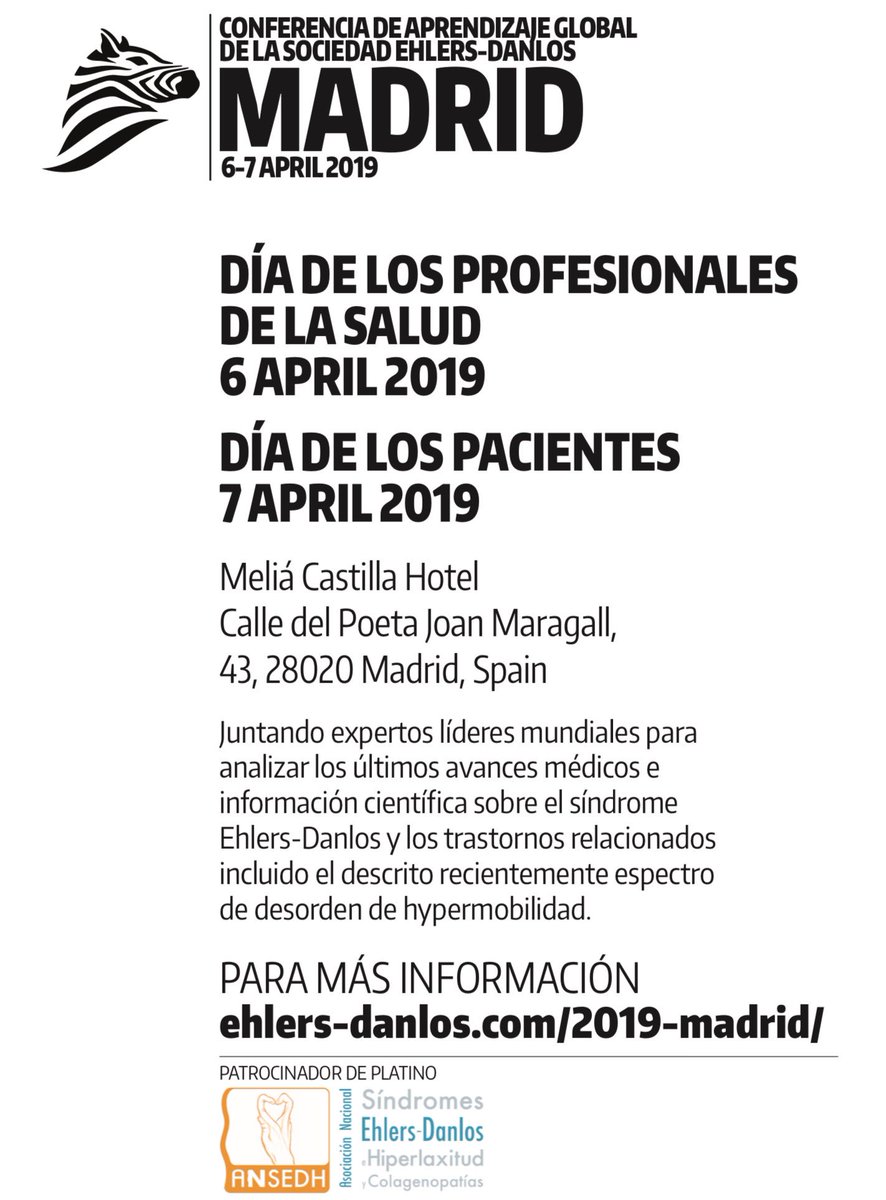 NoInvisibles's tweet photo. #Madrid 6-7 Abril
Expertos mundiales reunidos para analizar los últimos avances médicos e información científica sobre el síndrome #EhlersDanlos y los trastornos relacionados como el espectro de desorden de hipermovilidad
Desde @TheEDSociety👇Cc @ANSEDH 
https://t.co/iSZc7kLnUA https://t.co/yLperNEx0X