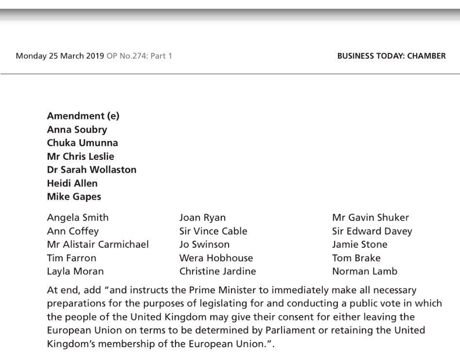 ChukaUmunna's tweet photo. The amendment tabled by @TheIndGroup for debate today calling for a #PeoplesVote with Remain on the ballot, supported by the @LibDems. We marched for a #PeoplesVote and are now being true to our word by voting for it in Parliament -we hope other MPs do the same. Pls RT to support https://t.co/aTfFPoUjQ2